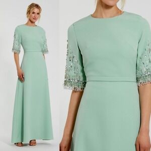 Mac Duggal NEW Green Crepe A Line Gown With‎ Beaded 3/4 Sleeves $698 - Size 14